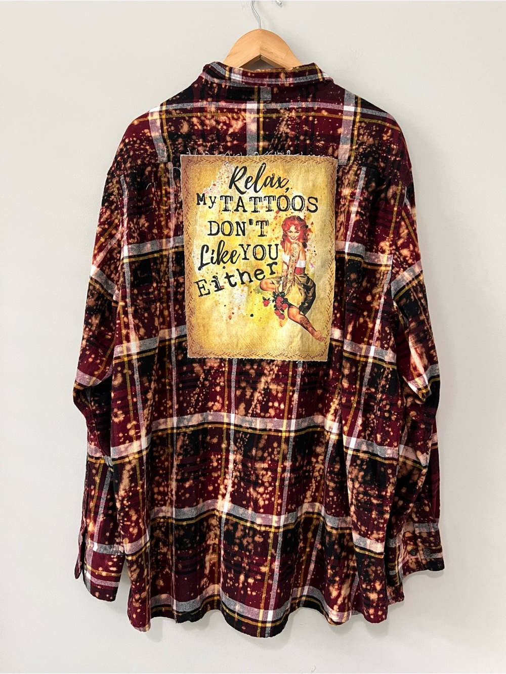 Angry Minnow Vintage Tattoos Bleached Art Flannel Shirt 3XL Burgundy Plaid